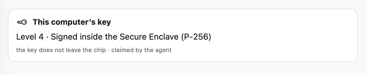 Agent key card: signed inside the Secure Enclave, the key does not leave the chip